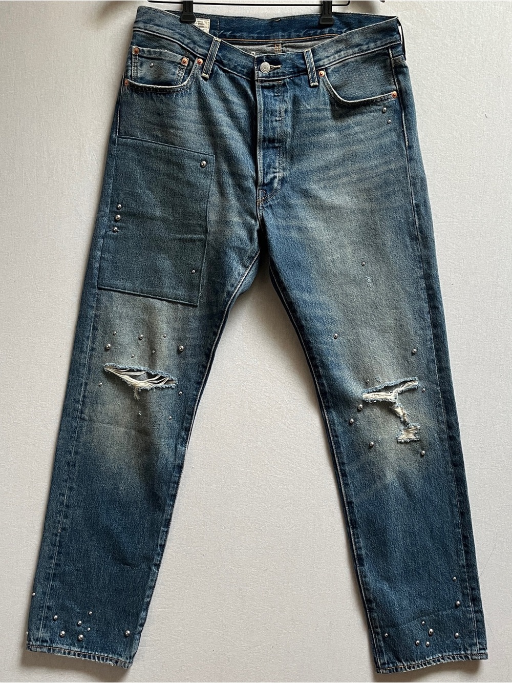 Levis Premium 501 54 Cotton Denim Studded Distressed Jeans Size 34